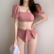 猫家 韩版粉色方领泡泡袖高腰蝴蝶结系带温泉度假分体游泳衣女装