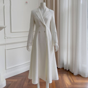 法式23高端时尚白色年会礼服秋季西装裙OL职业风长袖中长款连衣裙