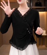 黑色v领性感法式小香风名媛蕾丝不规则长袖显瘦遮肚打底衫上衣