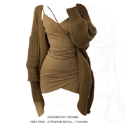 大码胖妹妹慵懒风棕色系，针织毛衣外套+v领吊带连衣裙女秋季两件套