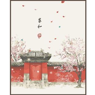 数字油画手工diy新中式客厅中国风手绘油彩三联装饰画田园复古风