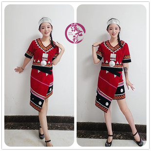 成人短袖佤族女套装，枣红色裹裙瓦甩发舞，佤族服饰云南少数民族服装