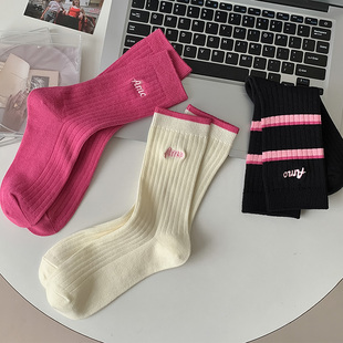 粉色袜子女中筒堆堆袜条纹，玫红色夏季女生，刺绣网红长袜纯棉字母