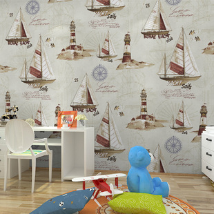 无缝墙布卡通儿童房卧室壁布，帆船竖条英伦无纺布，墙纸壁纸个性定制