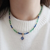 复古天然石绿玛瑙蓝晶石项链国风中式彩色串珠绿色锁骨链显白饰品
