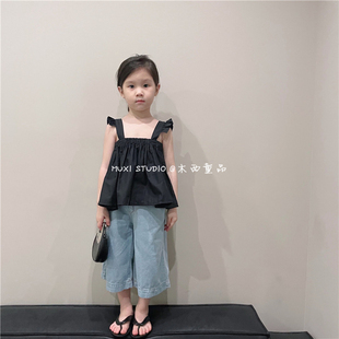 木西童品2024夏韩版女童宝宝可爱无袖娃娃衫花边，领吊带背心上衣