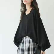 suin2024春夏宽松休闲慵懒气质，黑色雪纺长袖衬衫，女大码薄衬衣