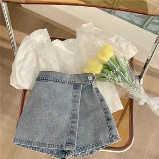 女童套装2024韩版儿童洋气蕾丝衬衫牛仔短裤女宝时髦两件套潮