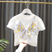 女童夏装纯棉短袖T恤宝宝婴幼儿韩版洋气碎花吊带短袖上衣打底衫