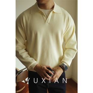 yuxian余闲v领针织衫套头，毛衣翻领重磅，保暖男士polo长袖美式秋冬