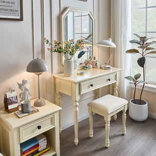 奶油风美式全实木梳妆台卧室，现代简约收纳柜一体，小户型化妆桌白色