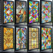 欧式教堂窗户玻璃贴纸厨房阳台门彩色复古艺术，无胶磨砂贴膜防走光