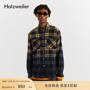 经典版型holzweiler男士，渐变潮流棉质，复古休闲方领格子衬衫