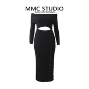 MMC S家欧货法式重工性感一字领腰部镂空长袖针织连衣裙2024早春