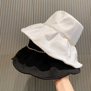 珍珠帽子太阳帽时尚女可折叠白色显脸小渔夫帽透气遮脸防晒遮阳帽
