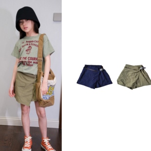 日系夏季两色速干凉快工装风防走光不规则拼接儿童洋气裙裤