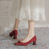 法式复古磨砂绒面单鞋女粗跟酒红色甜美风蝴蝶结，高跟鞋新娘鞋婚鞋