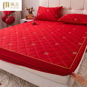 结婚庆夹棉床笠三件套大红色单件，床垫保护罩，加厚床套1.8米2m