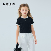 RBIGX瑞比克童装2024夏季logo烫钻截女童潮流小香风短袖T恤