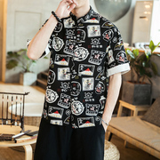 2019夏季亚麻短袖衬衫中式中国风大码男装青年，薄款盘扣衬衣花衬衫