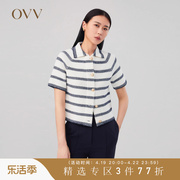 ovv秋冬女装全羊毛海军风条纹，翻领短袖针织外套