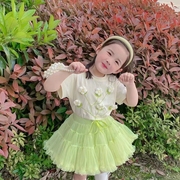韩版女童花朵T恤夏季时髦tutu裙搭配上衣女宝宝牛油果绿裙子套装