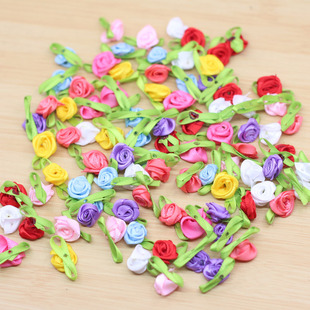 手工带叶子小玫瑰花diy发夹，制作材料缎，带花童头花饰品配件10个装