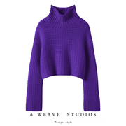 绝美好版型~2024紫色，编镂空编织阔袖高领100%羊绒毛衣女