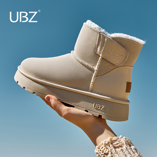 ubz厚底防水增高雪地，靴女2023冬短筒魔术，贴加绒加厚白色棉鞋
