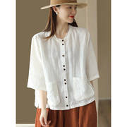 白色衬衫女夏装2023文艺复古开衫，五分袖上衣宽松休闲汉麻衬衣
