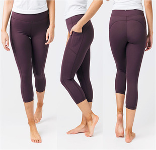 外贸女子健身瑜伽七八分裤 速干弹力侧面口袋提臀黑紫蓝红色
