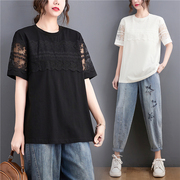 2023夏季韩版设计感蕾丝，拼接纯色t恤女宽松大码时髦短袖上衣