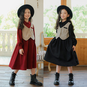 23秋季韩版假二件女童马夹学院，长袖连衣裙老钱，风红色翻领撞色衬衣