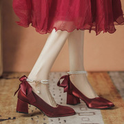 gg。潮牌法式红色婚鞋新娘鞋，不累脚婚纱两穿粗高跟名媛孕妇礼服单