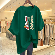 墨绿色纯棉宽松短袖，t恤女2024年夏季大版洋气时尚中长款上衣