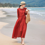 飘逸仙气红色灯笼袖细苎麻连衣裙，夏季蕾丝花边系带显瘦沙滩长裙子