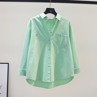 设计感拼接单口袋棉衬衫女宽松长袖衬衣2023春季小清新浅绿色上衣