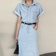 韩国chic夏季法式复古翻领短袖牛仔衬衫，+高腰显瘦包臀半身裙套装