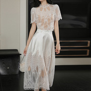 2023夏越南小众设计师短袖连衣裙套裙白色蕾丝气质礼服裙1060