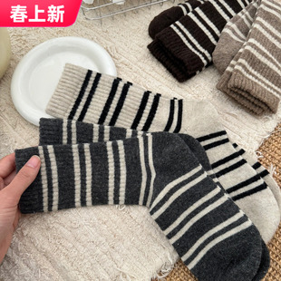 保暖秋冬条纹袜子女中筒袜，秋冬季加厚加绒韩国日系运动冬天长筒袜
