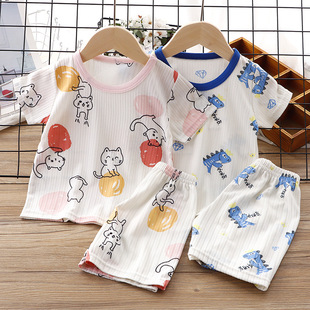 儿童夏装婴儿冰丝短袖套装宝宝薄款睡衣男童空调服女童两件套透气