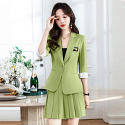 绿色西装套装女2023高级感气质小个子修身显瘦夏季西服套裙士