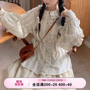 木茶出品复古条纹娃娃领长袖，衬衫女2023秋季森系甜美宽松显瘦上衣
