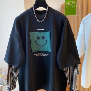大码300斤韩版贴布笑脸长袖T恤男女春秋拼接假两件设计感休闲上衣