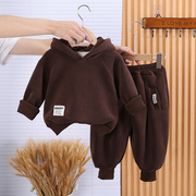 婴儿衣服秋冬季加绒加厚运动卫衣两件套6-7-8-9个月1岁男宝宝冬装