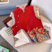 唐装旗袍过年拜年服女装中国风加厚兔毛马甲背心改良红色小袄冬季