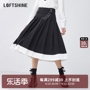 LOFTSHINE珞炫a字半身裙女显瘦别致撞色拼接中长款百褶裙73115024