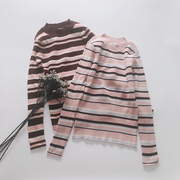 日本甜美粉色条纹半高圆领内搭针织衫弹力修身罗纹套头打底衫