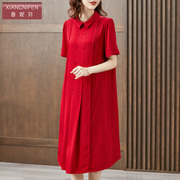 红色时尚洋气高档弹力，重绉真丝连衣裙，大牌2024春夏高贵优雅女