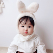 婴儿帽子秋冬季加绒加厚婴幼儿可爱超萌大兔耳朵防风新生儿护耳帽